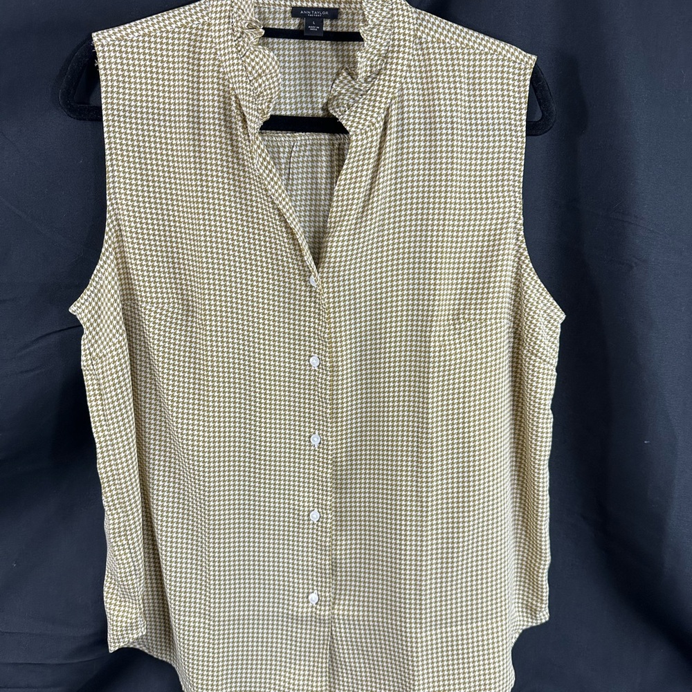 Ann Taylor Sleeveless Houndstooth Blouse - Olive/White